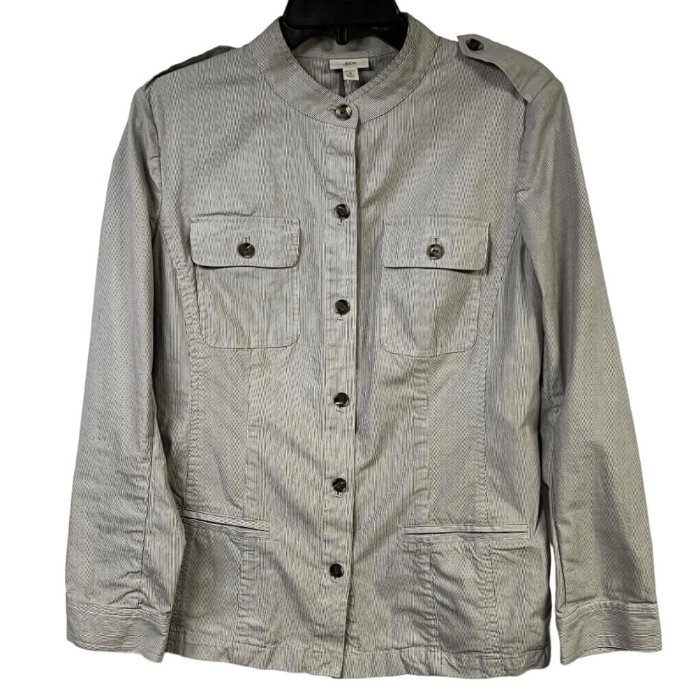 J Jill Jacket Striped Military Utility Stretch Button Front Shoulder Epaulettes